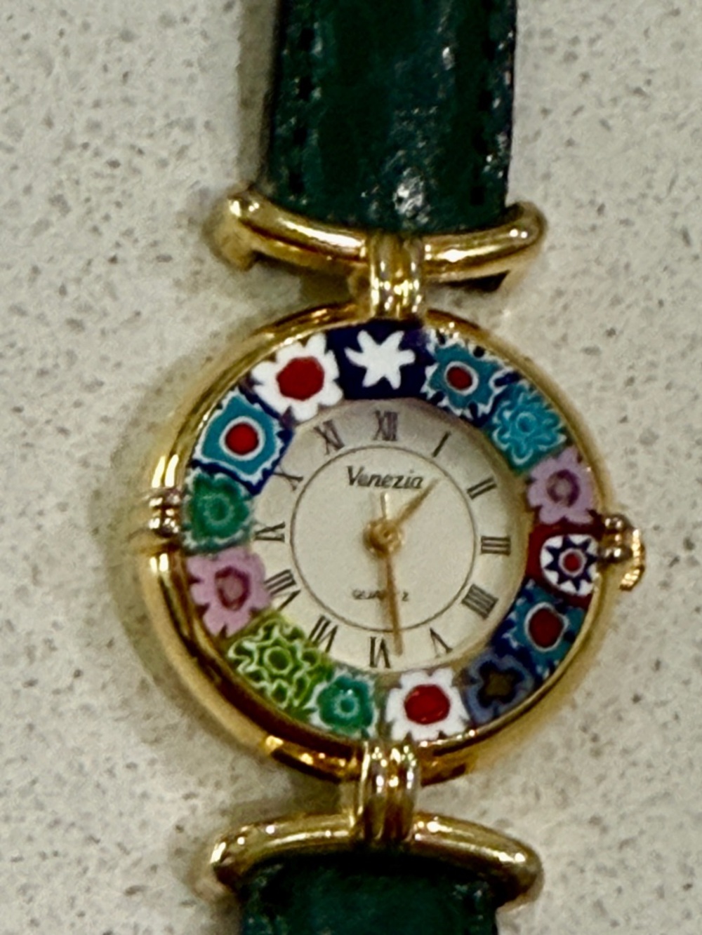 Venezia Murano Glass Millefiori Bezel Watch with Dark Green Strap